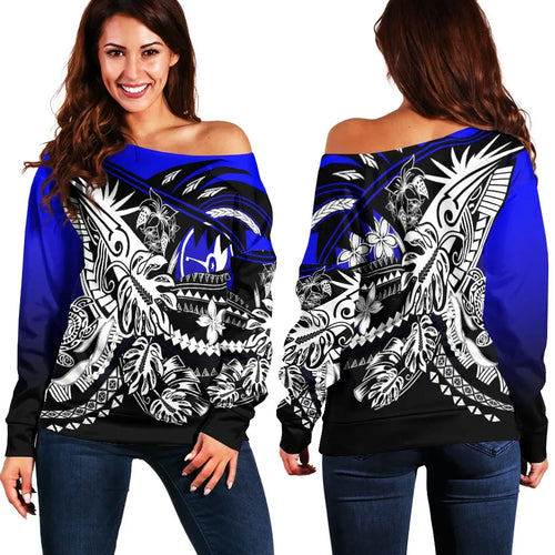 Yap Women Off Shoulder Sweaters - Tribal Jungle Pattern Blue Color