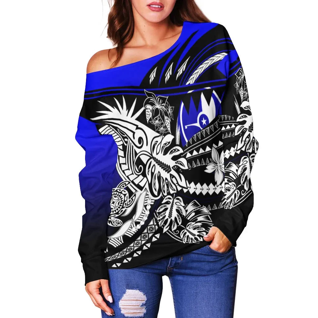 Yap Women Off Shoulder Sweaters - Tribal Jungle Pattern Blue Color