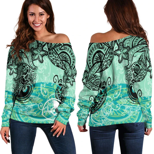 Yap Women Off Shoulder Sweaters - Vintage Floral Pattern Green Color