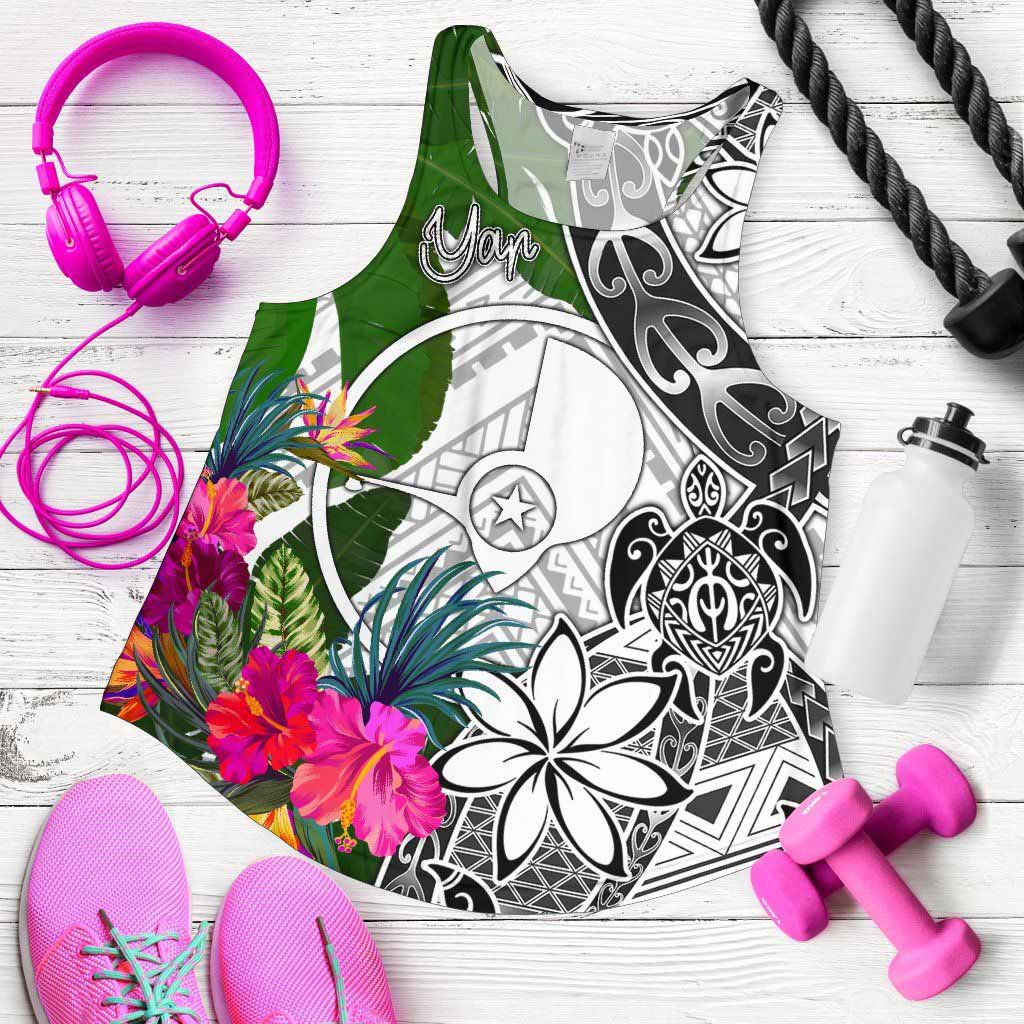 Yap Women Racerback Tank White - Turtle Plumeria Banana Leaf