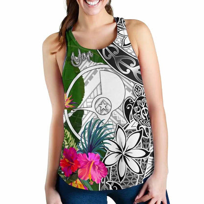 Yap Women Racerback Tank White - Turtle Plumeria Banana Leaf
