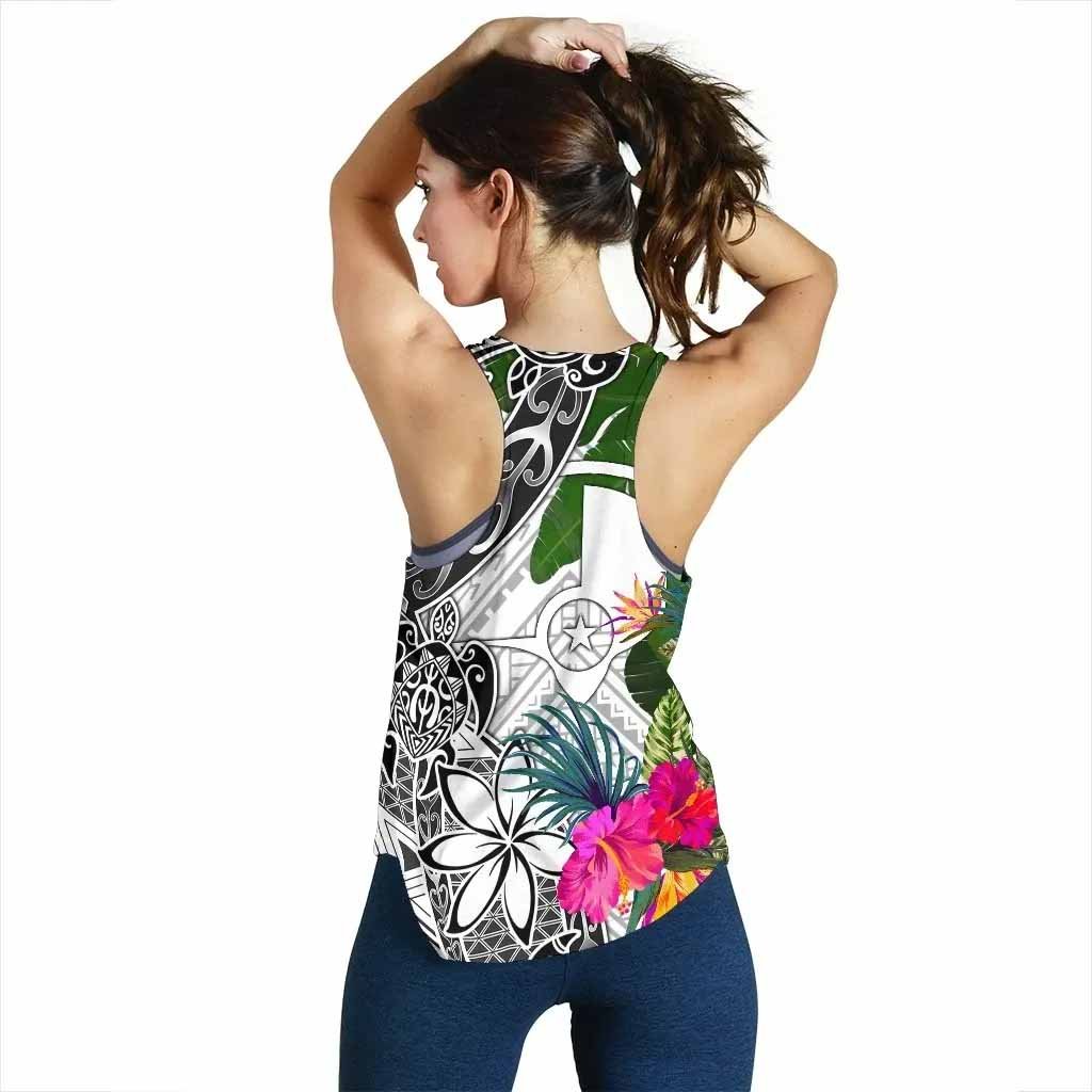 Yap Women Racerback Tank White - Turtle Plumeria Banana Leaf