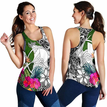Yap Women Racerback Tank White - Turtle Plumeria Banana Leaf