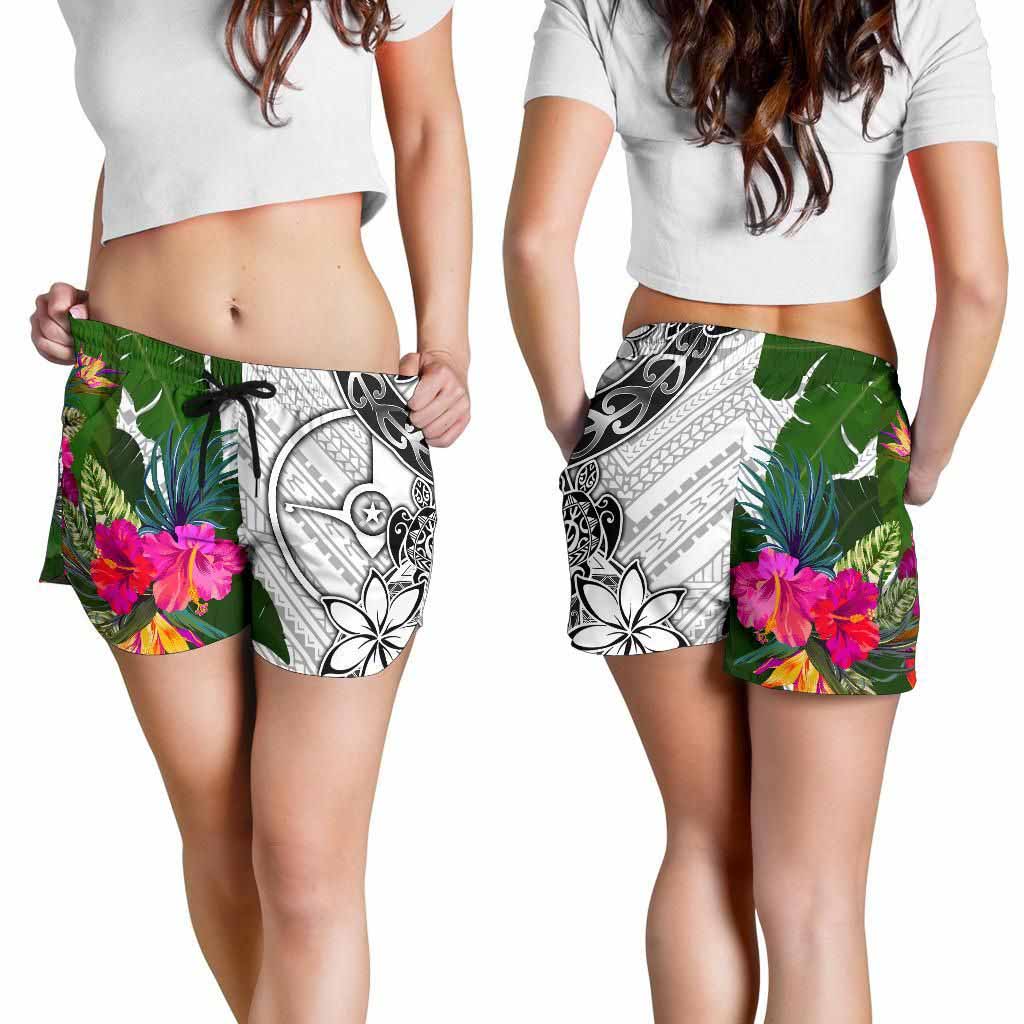Yap Women Shorts White - Turtle Plumeria Banana Leaf
