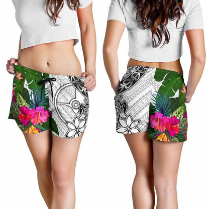 Yap Women Shorts White - Turtle Plumeria Banana Leaf