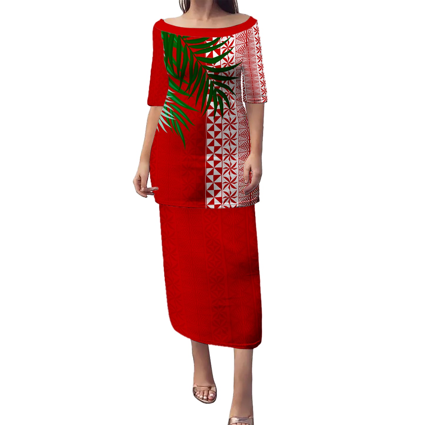 Tonga Combo Puletasi And Shirt Ngatu Design Pattern Leaves